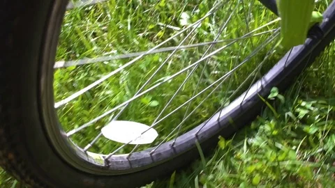 High angle view of bicycle wheel on the forest road Stock Footage 77832021