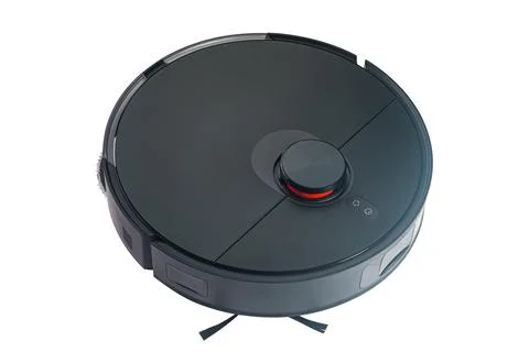 High angle view of black smart robot vacuum cleaner isolated on white backround. Stock Photos