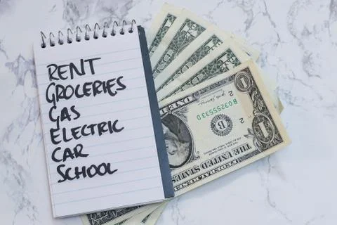 A high angle view of a block note with payment notes on it on the table with  Stock Photos