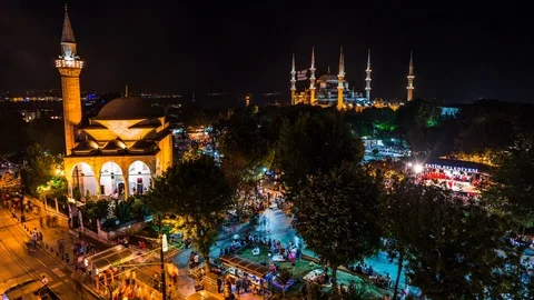 High angle view of The Blue Mosque during Ramadan at night Stock Footage 116913628