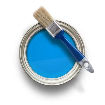 High angle view of blue paint can with brush isolated on white background Stock Photos