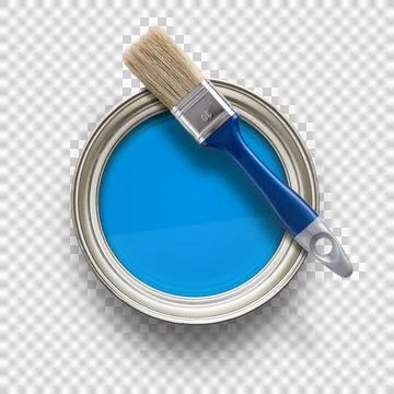 High angle view of blue paint can with brush Stock Photos