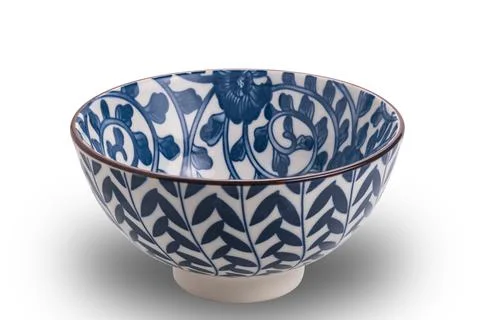 High angle view of blue pattern ceramic bowl with black edge Stock-Fotos