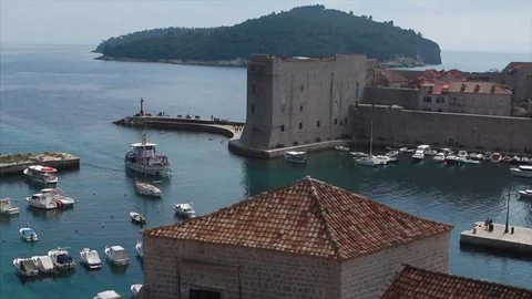 High angle view of boat arriving in the city's old port Stock Footage 74122527