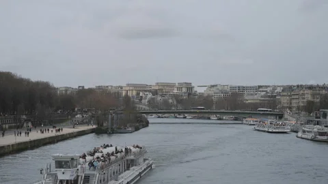 A high angle view of the boat cruising on the Seine river. Stock Footage 171884489