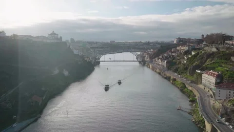 High angle view of boats navigating the Douro river. Stock Footage 327624725