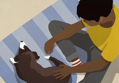High angle view boy petting dog on rug Ilustração Stock