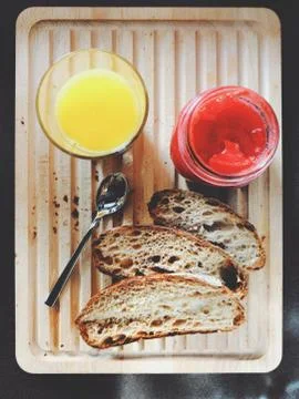 High Angle View Of Breakfast with bread Foto stock