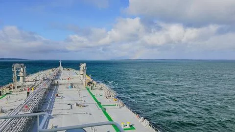 High angle view from bridge deck of oil chemical tanker bow sailing through.. Stock Photos
