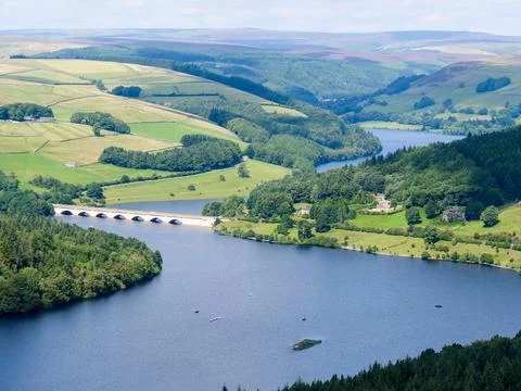 High angle view of bridge viaduct over Ladybower Reservoir. Stock Photos