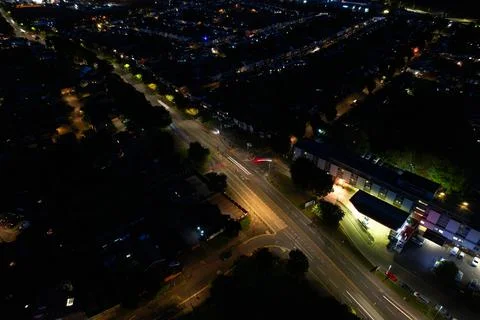 High Angle View of British City, Motorways with Traffic at Night Stock Photos