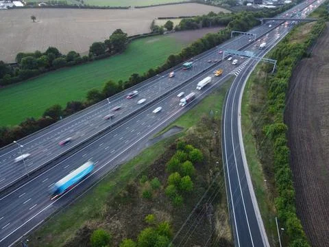 High Angle View of British City, Motorways with Traffic at Night 스톡 사진