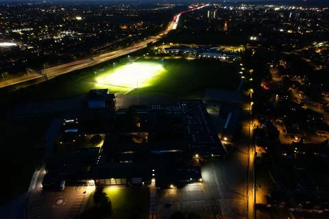 High Angle View of British City, Motorways with Traffic at Night 스톡 사진