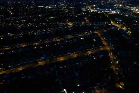 High Angle View of British City, Motorways with Traffic at Night 스톡 사진