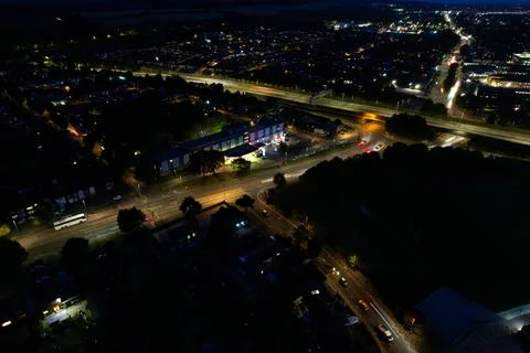 High Angle View of British City, Motorways with Traffic at Night Stock Photos