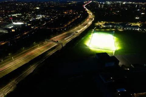 High Angle View of British City, Motorways with Traffic at Night Stock Photos