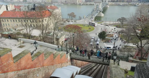 High-angle view from Buda Castle Hill showing the funicular descending Stock Footage 333920288