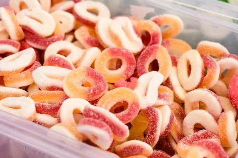 High Angle View of the Bulk of Colorful Gummy Jelly Candy Rings Stock Photos