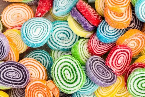 High Angle View of the Bulk of Colorful Gummy Jelly Candy Rolls Stock Photos