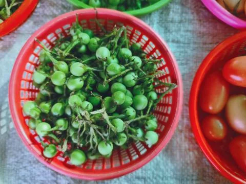 High Angle View of Bunch of Green Berries in Red Basket Stock Photos