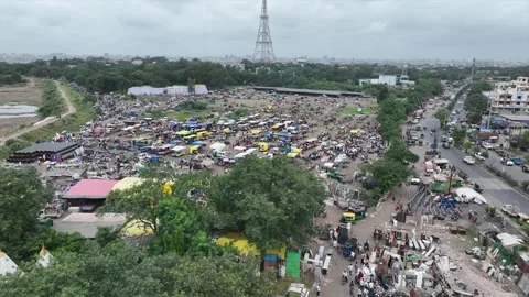 High Angle View of Busy Flea Market Area with Temple and City Road in Rajkot Stock Footage 346248871