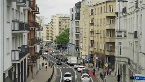 High-angle view of a busy street in Warsaw, Poland. Stock Footage 344531780