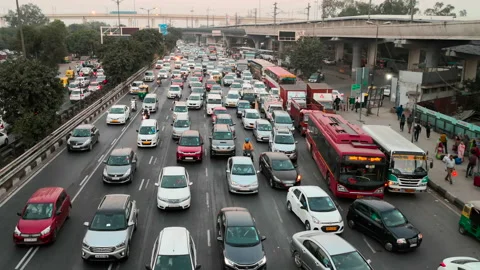 High angle view of busy traffic street scene in New Delhi, Stock Footage 150078315