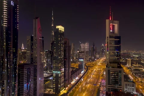 High angle view of busy traffic and skyscrapers, Dubai, Time lapse Stock Footage 168890431