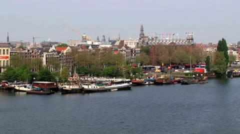 High angle view to the canal and downtown in Amsterdam, Netherlands. Stock Footage 58506265