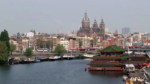 High angle view to the canal and downtown in Amsterdam, Netherlands. Stock Footage 58506272