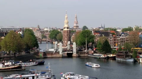 High angle view to the canal and downtown in Amsterdam, Netherlands. Video stock 58506281