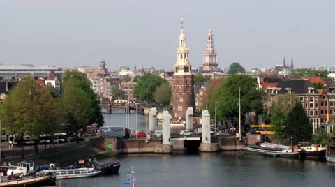 High angle view to the canal and downtown in Amsterdam, Netherlands. Stock Footage 58506282