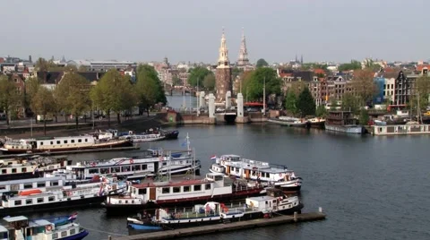 High angle view to the canal and downtown in Amsterdam, Netherlands. Stock Footage 58506283