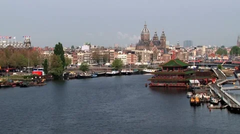 High angle view to the canal and downtown in Amsterdam, Netherlands. Stock Footage 58506318