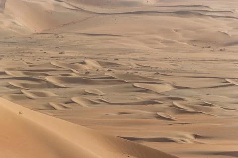 A high-angle view captures the geometric expanse of wind-swept sand dunes Stock Photos