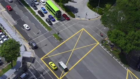 High angle view of car traffic at intersection downtown Singapore Stock Footage 162998592