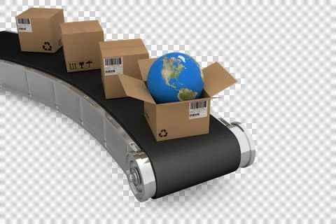 High angle view of cardboard boxes with globe on 3D production line Stock Photos