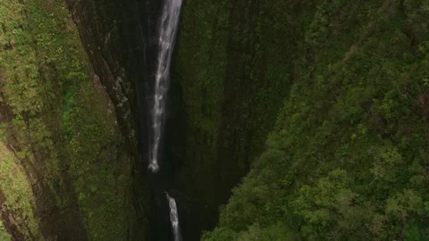 High-Angle View of a Cascading Tiered Waterfall in a Lush Deep Gorge Stock Footage 346854835