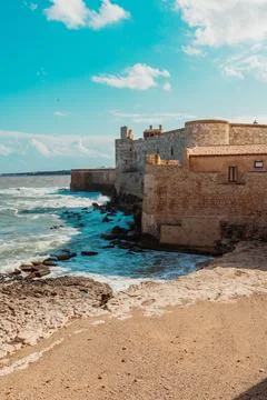 High-angle view of the Castello Maniace, a historic castle in Syracuse, Sicily, Stock Photos