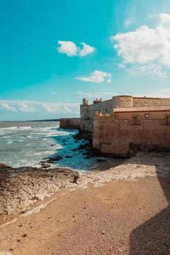 High-angle view of the Castello Maniace, a historic castle in Syracuse, Sicily, Stock Photos