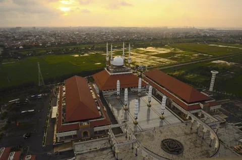 High angle view of the Central Java Grand Mosque at sunset. Stock Photos