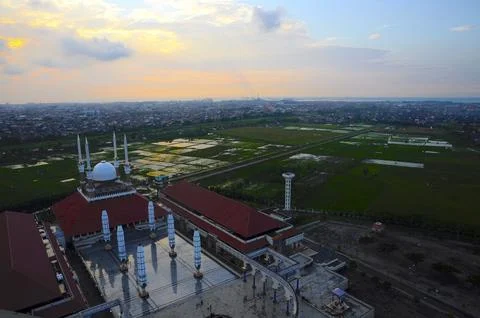 High angle view of the Central Java Grand Mosque at sunset. Stock Photos