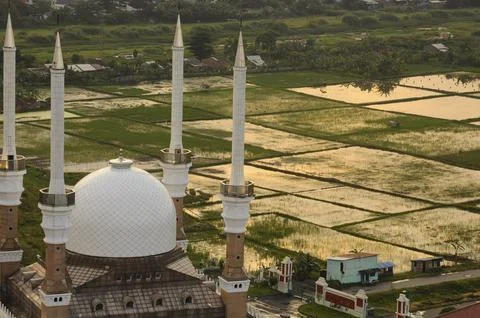 High angle view of the Central Java Grand Mosque at sunset. Stock Photos