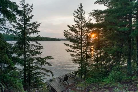 High angle view of chairs on a deck, Lake of the Woods, Ontario, Canada 스톡 사진