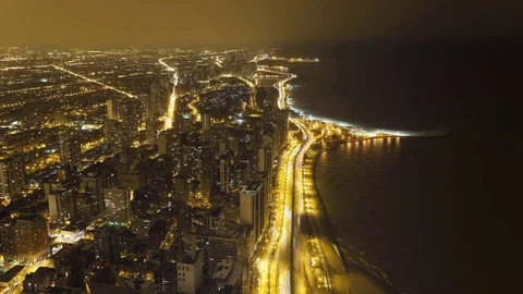 High Angle View of the Chicago Lakefront and Lake Shore Drive at Night Video stock 76629668