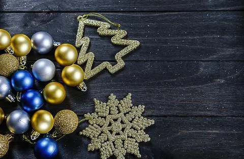 High angle view of Christmas decorations on wooden background Stock Photos
