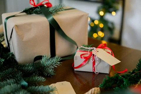 High angle view of Christmas present on table Stock Photos