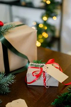 High angle view of Christmas present on table Stock Photos