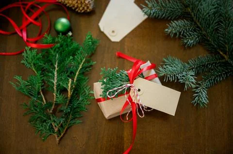 High angle view of Christmas present on table Stock Photos