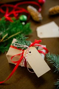 High angle view of Christmas present on table Stock Photos